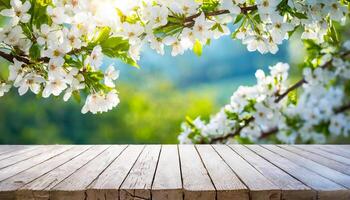 ai generiert Frühling Natur Hintergrund mit blühen Blumen und rustikal hölzern Tabelle foto