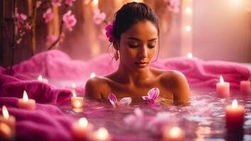 ai generiert schön Frau nehmen Aroma Bad mit Kerzen im ein luxuriös gehoben Wellness Spa foto