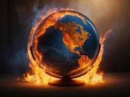 ai generiert ein Globus ist auf Feuer und umgeben durch Flammen. Klima Veränderung und global Erwärmen foto