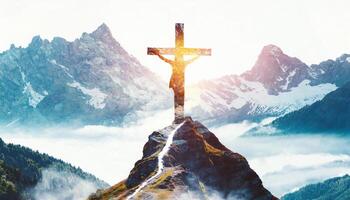 ai generiert ein Berg Angebot mit Jesus Christus gekreuzigt auf ein Kreuz auf oben von es foto