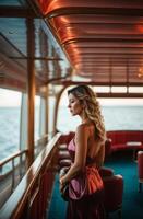ai generiert ein Frau im ein Rosa lange Abend Kleid ist Stehen auf das Deck auf ein Kreuzfahrt Schiff foto