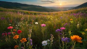 ai generiert Camping Zelte im das Berge beim Sonnenaufgang foto