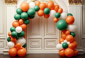 ai generiert festlich Bogen gemacht von Grün und Orange Bälle. Luxus Foto Bereich. schön Hochzeit Hintergrund. ai generiert. st. Patrick's Tag