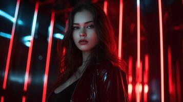 ai generiert Frau im rot Neon- Hintergrund. ai generiert. futuristisch Licht glühen und kaukasisch Mädchen Modell. modern Nachtclub Party, ästhetisch Konzept foto