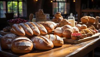 ai generiert frisch gebacken Brot auf ein hölzern Tisch, ein hausgemacht Gourmet Freude generiert durch ai foto