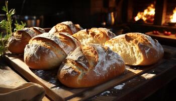 ai generiert frisch gebacken Brot auf ein rustikal Tisch, ein hausgemacht Gourmet Mahlzeit generiert durch ai foto