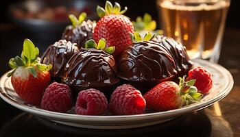 ai generiert Frische und Süße auf ein Platte, ein Gourmet Erdbeere Genuss generiert durch ai foto