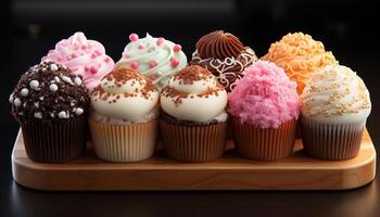 ai generiert süß hausgemacht Cupcakes, Süss Genuss, Rosa Glasur, frisch Himbeere Dekoration generiert durch ai foto