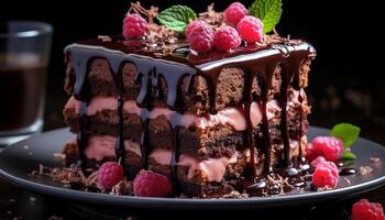 ai generiert ein dekadent Scheibe von Schokolade Kuchen mit frisch Himbeere Garnierung generiert durch ai foto