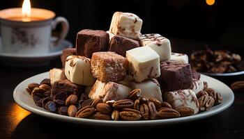 ai generiert nachsichtig Dessert dunkel Schokolade Fudge, Mandel Scheibe, hausgemacht Brownie generiert durch ai foto