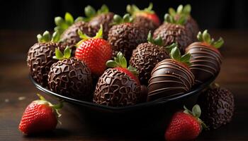 ai generiert Schokolade eingetaucht Erdbeere Nachtisch, ein Süss Genuss von Gourmet Frische generiert durch ai foto