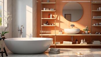 ai generiert modern inländisch Badezimmer Design mit Luxus Badewanne, Waschbecken, und Wasserhahn generiert durch ai foto