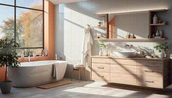 ai generiert modern, elegant Wohnung mit sauber, hell Badezimmer und luxuriös Badewanne generiert durch ai foto