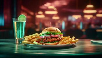 ai generiert Gourmet Burger Mahlzeit auf Tisch, gegrillt Fleisch, Cheeseburger, erfrischend trinken generiert durch ai foto