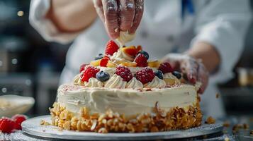 ai generiert geschätzt kulinarisch Schaffung Köche Hand Prise Kräuter auf Gourmet Gericht einstellen im Sanft natürlich Licht und elegant Umfeld foto