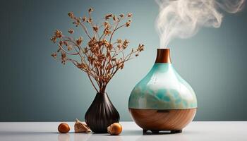 ai generiert modern Tabelle Design mit Vase von frisch Blumen und abstrakt Hintergrund generiert durch ai foto