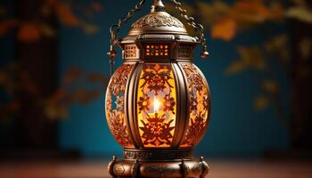 ai generiert Ramadan Dekoration Antiquität Laterne leuchtet uralt Arabisch Spiritualität drinnen generiert durch ai foto