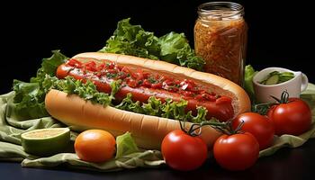 ai generiert gegrillt Fleisch Sandwich mit frisch Gemüse, Ketchup, und Fritten generiert durch ai foto