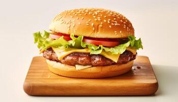 ai generiert Frische und Gourmet im ein gegrillt Cheeseburger mit Tomate und Zwiebel generiert durch ai foto