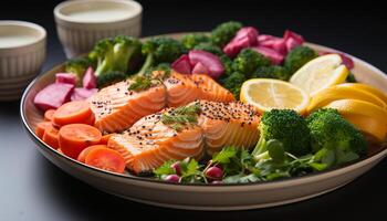 ai generiert gesund Essen frisch Meeresfrüchte Salat, gegrillt Fisch Filet, und Gemüse Teller generiert durch ai foto