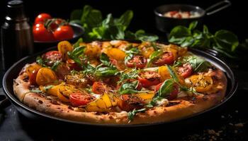 ai generiert Frische und Gourmet im ein hausgemacht Vegetarier Pizza auf ein rustikal Tabelle generiert durch ai foto