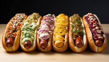 ai generiert gegrillt Rindfleisch heiß Hund auf Brötchen mit Ketchup und Zwiebel generiert durch ai foto
