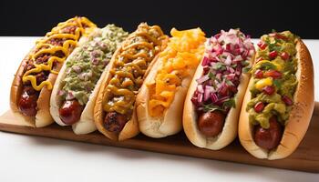 ai generiert gegrillt Rindfleisch heiß Hund auf Brötchen mit Ketchup, amerikanisch Mittagessen generiert durch ai foto