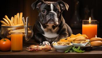 ai generiert süß Bulldogge Hündchen Essen Gourmet Mahlzeit auf hölzern Tabelle generiert durch ai foto