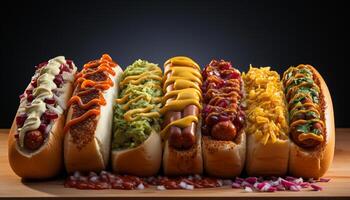 ai generiert gegrillt Rindfleisch heiß Hund auf Brötchen mit Ketchup, ein Gourmet Snack generiert durch ai foto