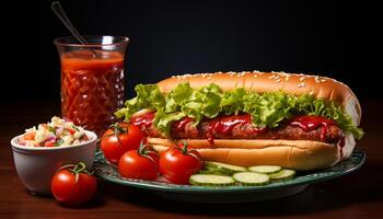 ai generiert gegrillt Rindfleisch Sandwich mit frisch Tomate und Gourmet Ketchup generiert durch ai foto