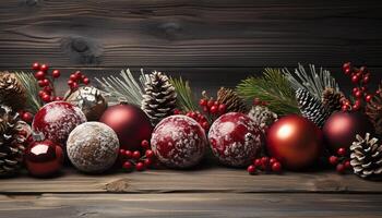 ai generiert hölzern Weihnachten Ornament dekoriert rustikal Tabelle mit glänzend Schneeflocke Design generiert durch ai foto