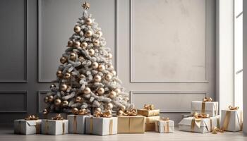 ai generiert Weihnachten Baum Dekoration leuchtet Winter Feier drinnen mit glänzend Geschenke generiert durch ai foto