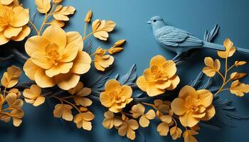 ai generiert Natur Schönheit im ein Niedlich, Gelb Vogel fliegend inmitten Blüten generiert durch ai foto