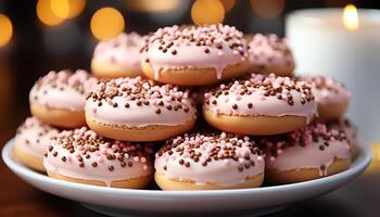 ai generiert hausgemacht Gourmet Dessert frisch gebacken Schokolade Krapfen mit Erdbeere Glasur generiert durch ai foto