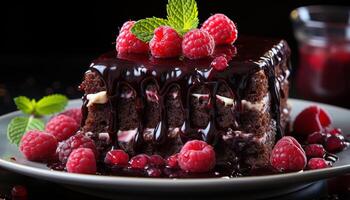 ai generiert hausgemacht Gourmet Schokolade Kuchen mit Himbeere und Minze Blatt Dekoration generiert durch ai foto