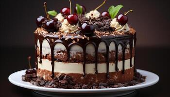 ai generiert hausgemacht Schokolade Kuchen, geschichtet mit dunkel Schokolade und Erdbeeren generiert durch ai foto