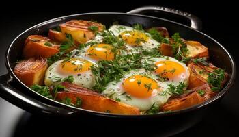 ai generiert gesund Essen Frische und organisch Gemüse gekocht im Besetzung Eisen schwenken generiert durch ai foto