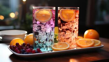 ai generiert Frische im ein Glas Limonade, Kalk, orange, und Erdbeere generiert durch ai foto