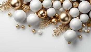 ai generiert Winter Feier mit glänzend Gold Weihnachten Ornamente auf ein schneebedeckt Hintergrund generiert durch ai foto