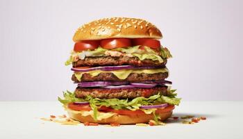 ai generiert Gourmet gegrillt Burger mit Käse, Tomate, und frisch Gemüse generiert durch ai foto