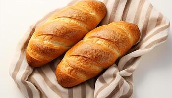ai generiert frisch gebacken Französisch Brot auf hölzern Tisch, ein köstlich Snack generiert durch ai foto