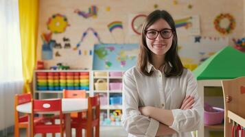 ai generiert Frau im Brille im Spielzimmer. generativ ai. foto