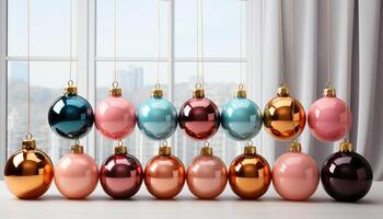 ai generiert Winter Feier Weihnachten Ornament, glänzend Geschenk, Gold Ball Dekoration generiert durch ai foto