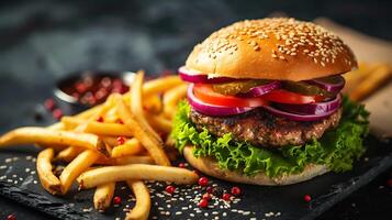 ai generiert köstlich Hamburger mit Kopfsalat, Tomate, Zwiebel, und Gurken. generativ ai. foto