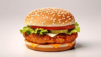 ai generiert Frische und Gourmet gegrillt Rindfleisch Burger auf Sesam Brötchen generiert durch ai foto