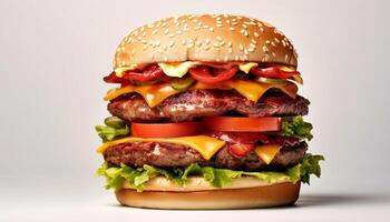 ai generiert gegrillt Rindfleisch Burger mit Käse, Tomate, und Zwiebel auf Brötchen generiert durch ai foto