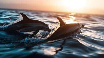 ai generiert zwei Delfine Schwimmen beim Sonnenuntergang. generativ ai. foto