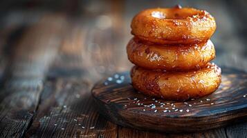 ai generiert frisch Zwiebel Ringe Essen auf ein hölzern Tabelle foto