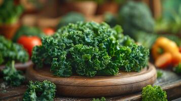 ai generiert frisch Grünkohl Gemüse im ein hölzern Tafel auf ein hölzern Tabelle foto