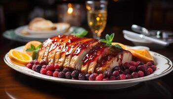 ai generiert Frische auf Teller Gourmet Nachtisch, Süss Essen, gesund Essen generiert durch ai foto